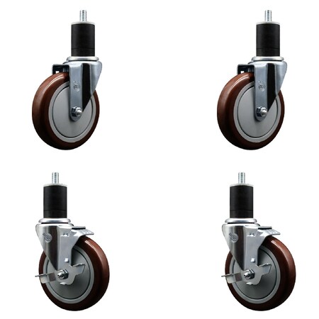 Service Caster 5'' Maroon Poly Wheel Swivel 1-3/4'' Expanding Stem Caster Set 2 Brakes, 4PK SCC-EX20S514-PPUB-MRN-2-TLB-2-134